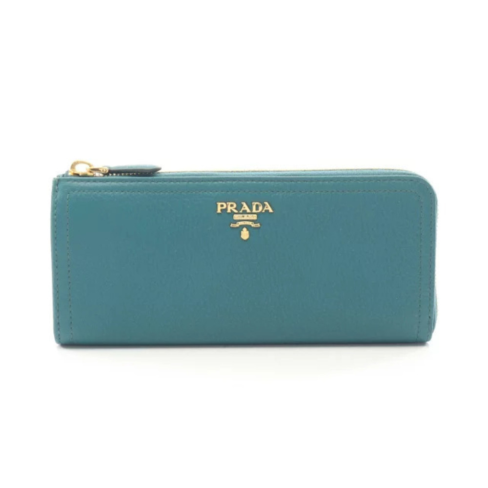 Prada Metal L shaped Zip Long Wallet Leather Green